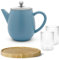 Doppelwandige Teekanne 1.1 Liter blau - Edelstahlkanne Set mit braunem Holz-Untersetzer & 2 isolierende Teegläser je 290 ml