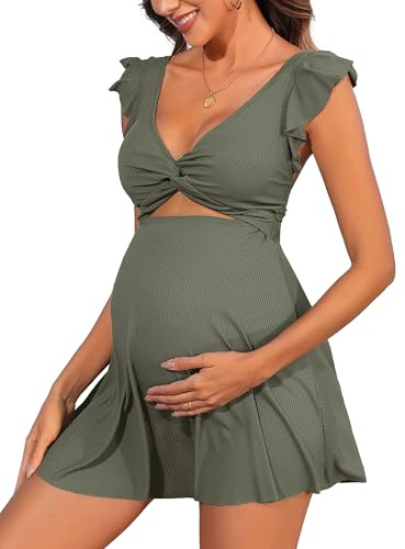 Charmo Ruffle Ribbed Maternity Swimsuit One Piece Cutout Pregnancy Bathing Suits Push Up Twisted Swimwear Swim Dress Green XL