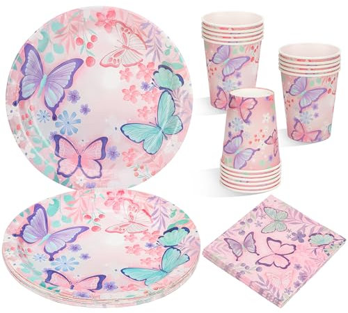 Lot de 52 assiettes de fête papillon pour 16 invités - Assiettes en carton - Tasses - Nappe pour fête d'anniversaire d'enfant