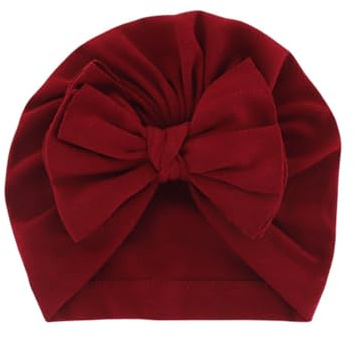 AMateschitz Babyturban, hattar, bomull, babymössa med rosett, nyfödd, rosett, beanie, mössa, spädbarn, sjukhusmössa, huvudwrap hatt, förskola, enfärgad för flickor, pojkar, vinröd, one size