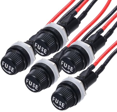 QUARKZMAN 5 Pz Portafusibile a Pannello 5x20mm AC 250V 10A/AC 125V 15A Portafusibili a Cappuccio a Vite con Fili Pre-Saldati, Porta a Forma Rotonda