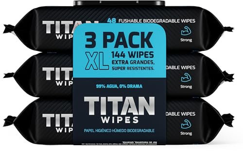 TITAN WIPES Carta igienica umida biodegradabile extra grande e resistente – 3 confezioni da 144 salviettine umidificate XL 18 x 18 cm, 99% acqua, aloe e vitamina E, 0% alcool, resistenti e usa e getta