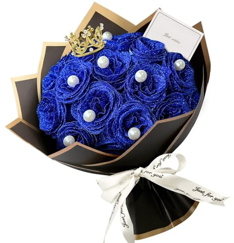 JINXIXI 24 bouquet di rose blu glitterate, kit fai da te con 12 finte perle di carta da regalo, biglietti per regali di San Valentino, anniversario, compleanno, matrimonio, lauree