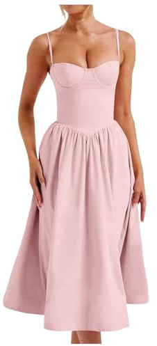 Robe corset pour femme bustier à bretelles robe midi corset fluide avec ourlet plissé robe maxi femme fleurs col en V, Rose, L