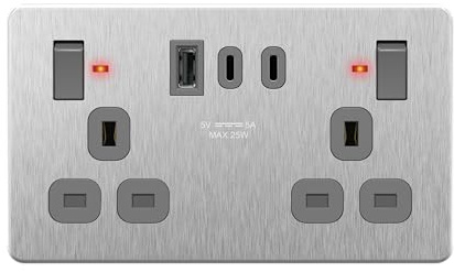 LIDER 2-Gang Switched 13A Socket with USB TYPE C & A Ports, LED Power Indicator, Always-On USB Ports, 25W Combined Output, UKCA Certified, Child Safe, Stainless Steel (Use a 35mm-deep back box)