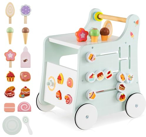 6 in 1 Wooden Baby Walker, Play Kitchen Playset, Toddler Push Learning Activity Walker with Wheels Shape Sorter Movable Slider, Montessori Educational Toy for Girls Boys 1-3 (Pale Green)