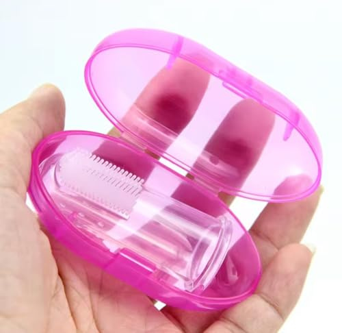 Silicone Baby Finger Toothbrush – Soft Oral Care Brush with Storage Case – Pink/Blue (Pink)