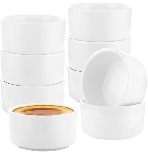 Aramanara Ramekins Set of 8, 100 ml Ceramic Souffle Dish, White Small Bowl | Mini Creme Brulee Ramekins, 7.6 cm Baking Cups, Round Sauce Dish for Dips Sauces Souffle Cupcakes Pudding Fruits