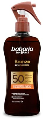 Babaria - Bronceador Cuerpo con Protector Solar 50 en Spray | Acelerador Bronceado | Apta Para Pieles Sensibles | Coral Friendly y Biodegradable | Resistente al Agua | Vegano | 200 ml