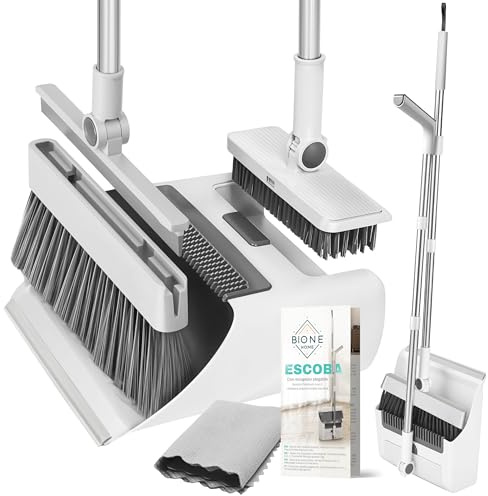 Bione Escoba y Recogedor Plegable con Palo de 126 cm - Set de Limpieza de Escoba 3 en 1 con Cepillo Barrer, Cepillo Duro, Limpiacristales Integrado, Bayeta y Recogedor Basura - Práctico y Compacto