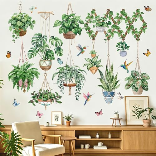 wondever Stickers Muraux Feuille Vertes Plante en Pot Autocollants Mural | Décoration Murale Peel & Stick, Décoration Chambre Salon Salle de Bains, Couleurs Vives et Nettes, Stickers Murals Amovible