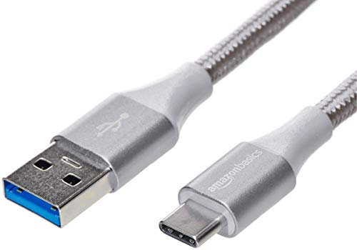 Amazon Basics Verbindungskabel, USB-C auf USB-A, 3.1-Standard der 1. Generation, doppelt geflochtenes Nylon, 1.8 m, Silberfarben
