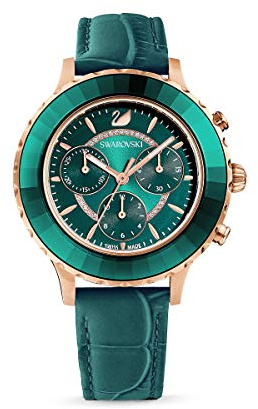 Swarovski Octea Lux Uhr Mond, Edelstahl Damenuhr mit Blauem Gehäuse und Zifferblatt, Swarovski Kristallen und Blauem Lederarmband