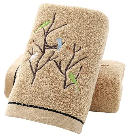 Pidada Hand Towels Set of 2 Embroidered Bird Tree Pattern 100% Cotton Absorbent Soft Decorative Towel for Bathroom (Brown)