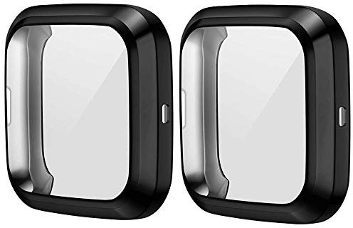 HANKN 2 Pack Screen Protector Case Compatible with Fitbit Versa 4 / Sense 2, Soft TPU Full Coverage Protective Cover Bumper Frame Versa 4 Smartwatch (Black+Black, Versa 2)