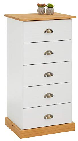 IDIMEX Chiffonnier Paris L 48 cm en pin Massif Blanc et Brun 5 tiroirs Commode Petit Meuble de Rangement Haut pour Chambre ou Salle de Bain 48 x 95 x 39 cm