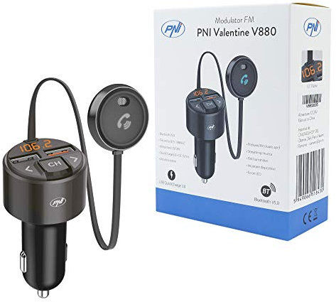 PNI Valentine V880 Modulador FM con micrófono, Bluetooth 5.0, Reproductor MP3, transmisor FM, Puerto USB Dual, Dispositivos móviles de Carga rápida a través de QC3.0