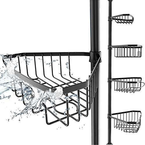 EDELHAND© Teleskop Duschregal Schwarz für Höhe von 105 bis 270 cm - Teleskopregal Bad für Dusche und Badewanne mit 4 Körben - Rutschfestes Teleskop Eckregal Dusche für Duschecke ohne Bohren