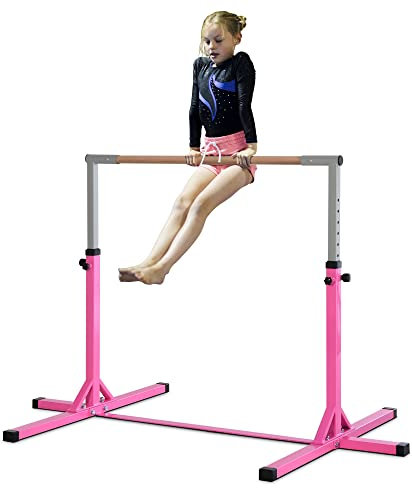 HOMCOM Gymnastik-Turnreck, 13-stufig höhenverstellbar Reckstange, Reck Turnstange aus Holz & stabile Stahlkonstruktion bis 75 kg belastbar, für 3+ Kinder, Indoor, Outdoor, Rosa