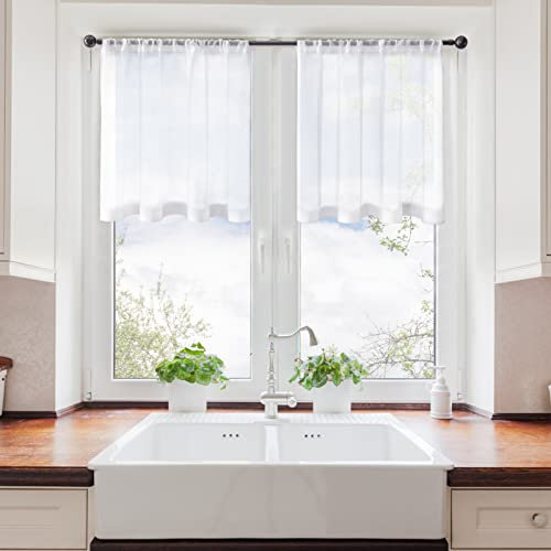 MRTREES Küchenvorhänge Stores Gardine Weiß Wohnzimmer Gardinen modern Schlaufenschal 2er Set 60×120cm (H×B) Vorhänge Leinenoptik halbtransparent Schals Vorhang kurz