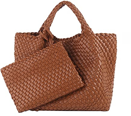 LMKIDS Woven Tote Bag, Women Macaron Soft Leather Weave Handbag Purse Wrist Bag Large Capacity Work Shopping Travel Daily, Caramel Brown