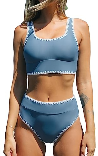 CUPSHE Women's Bikini Set Two Piece Swimsuit High Waisted Scoop Neck Wide Straps Shell Stitched Trim, M Blue