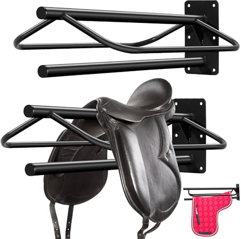 Paterr 2 Pcs Saddle Rack Wall Mount Saddle Stand Pad Rack Horse Tack Storage for English Western Horses Blanket Stall Supplies Accessories(Black,One Bar)