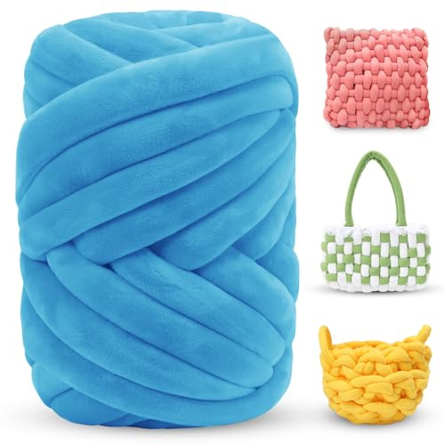 LEREATI Thick Chunky Yarn for Arm Knitting Jumbo Tube Soft Chunky Knit Blanket Velvet Yarn for Crocheting Handbags Hand Knitting Pet Bed Rugs Pillows Crafts (500g, Azure Blue)