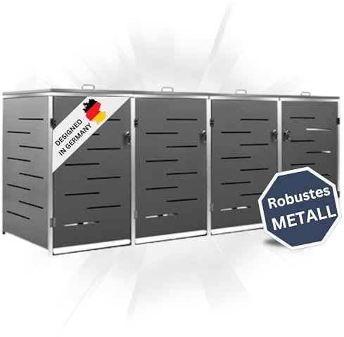 DELUKE 4er Mülltonnenbox JAGU Edelstahl | Anthrazit | 115,5x276,5x77,5cm | Mülltonnenverkleidung für 4 Tonnen 240L Müllbox aus Metall Mülltonnenschutz Mülltonnendach