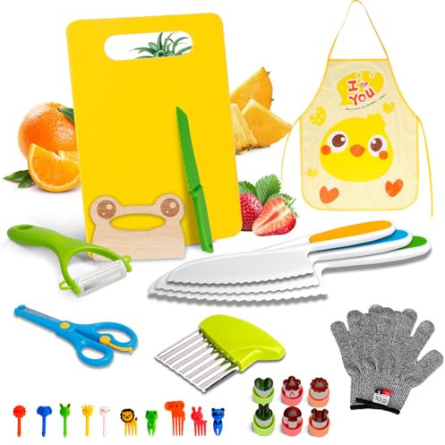 Riwer Ensemble de 28 Kit Couteau sécurité de Cuisine pour Enfants, Montessori Couteaux de Cuisine, Avec couteau en bois, planche à découper et éplucher, Cadeau pour Les Enfants de 2 Ans et Plus