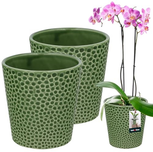 KOTARBAU Lot de 2 pots de fleurs verts, en céramique émaillée, diamètre : 9,5 cm, hauteur : 11 cm, pot à orchidées, moderne, pour plantes d'intérieur