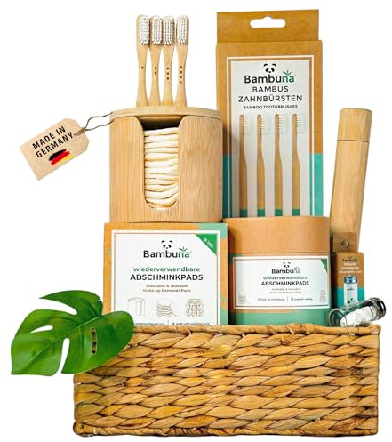 Set de regalo de Bambuna: juego sostenible con 15 almohadillas de algodón lavables, 18 almohadillas de algodón lavables con caja de bambú, 1 hilo dental vegano, 1 cepillo de dientes de bambú de