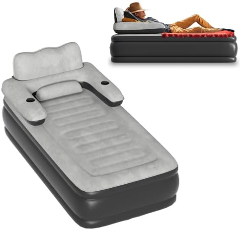 Froadp Materasso ad aria auto-gonfiante con testata 190 x 99 x 80,5 cm, letto ad aria per 1 persona, materasso gonfiabile con pompa, letto per ospiti nero e grigio