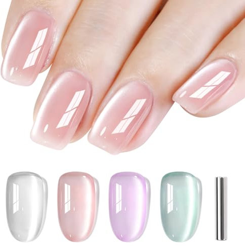 Shining She Esmalte Semipermanente de Uñas en Gel UV LED,4 Colores Brillante Jelly Glass Cristal Nude Rosa Blanco Morado Verde Cat Eye Gel Polish Set con Imán para Manicura Salón, 8ML