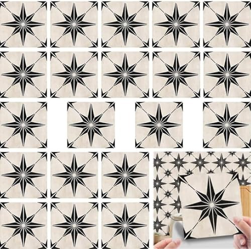 JOZMMZEOOA Azulejos Adhesivos Baño 30 Pzs Baldosas Adhesivas 10×10CM Pared Estrella Octagonal en Estrella Negra Cenefa Adhesiva Cocina, Adecuadas para Baño, Pegatinas