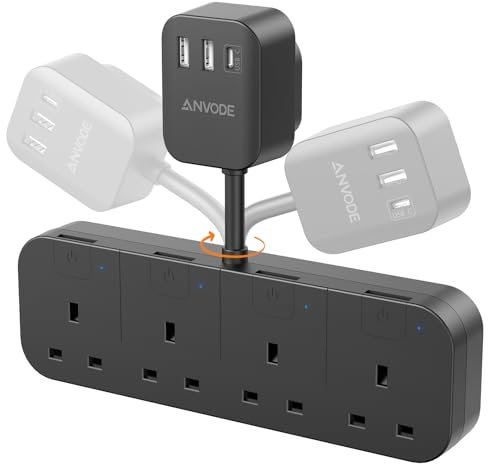 4 Way Plug Adapter with USB C, 4 Gang Small Short Extension Lead with Independent Switches, Multi Wall Socket UK Power Strip for Home, Kitchen (Black)