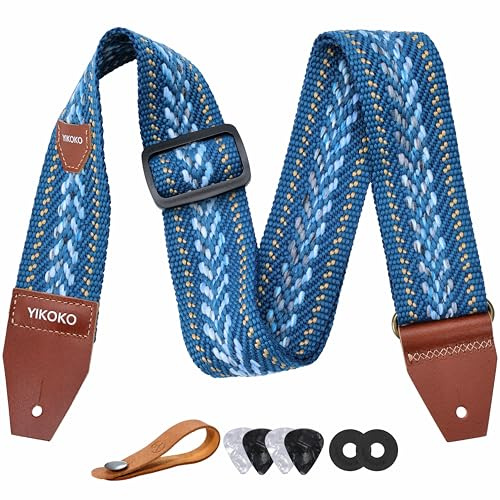 YIKOKO Correa de guitarra con bolsillo para púa, correas de guitarra de algodón de 2 pulgadas con extremo de cuero de grano completo, para bajos eléctricos y guitarras acústicas, botón de correa