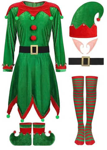 Lejafay Bitar Dam Jultomte Kostymset Sammetsklänning Bälte Randiga Strumpor Tomteöron Hatt Skor För Cosplay