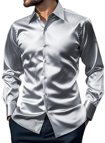 Wirltte Men's Dress Shirt Silk Luxury Long Sleeve Slim Fit Wedding Party Disco Prom Sequin Shirts
