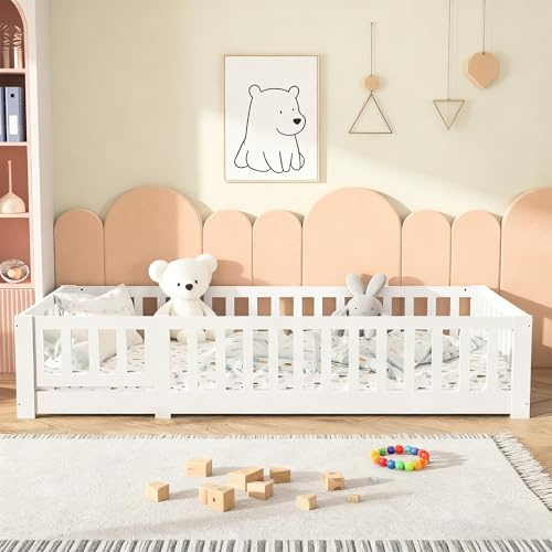 Yeutre Lit au Sol Enfant 90x200, Lit Montessori en Bois avec Barrière de Sécurité et Sommier à Lattes, Cadre de Lits d'enfant pour Garçons et Filles, Enfants et Bébés, Facile à Assembler