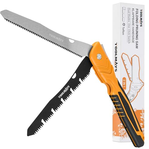 TOOLMAYS Pruning Saw, Folding Hand Saw with 2 Blades, Quality Sk-5 Steel, Tree Saw with Secure Lock for Wood, Bone, Bamboo, PVC, Tree Pruning, Camping