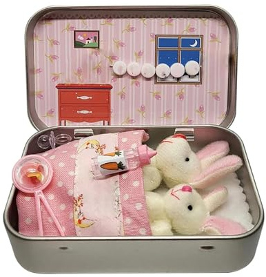 Kouamor 2 Pcs Bunnies in Tin Box, Bunny Stuffing Doll Toy, Easter Pocket Hug Bunny Plush Toys, Cute Bunny Easter Gift Ornaments Gift for Kids Friend (pink)