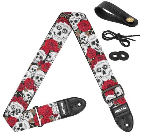Amumu Sangle de guitare en denim pour guitare acoustique, électrique et basse avec blocs de sangle et attache de sangle de tête de mort