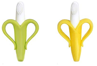 2x Baby Zahnbürste und Beißring in einem - Übungsbürste Trainingsbürste grün gelb