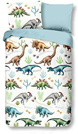 Traumschloss Flanell Bettwäsche »Dino«, einzelne Dinosaurier, blau, 135x200 & 80x80, 100% Baumwolle, wärmend & kuschelig, Kinderbettwäsche-Set mit Reißverschluss bestehend aus Kissen und Bettbezug