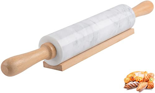 Mattarello in marmo con base in legno con manico spesso per la cottura, 47 cm, rullo lucido di alta qualità per pasta di pizza, fondente, crosta, superficie antiaderente facile da pulire (bianco)
