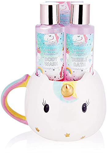 BRUBAKER Cosmetics - Coffret de bain & douche - Fleur de cerisier - 4 Pièces - Tasse à café Licorne incl. - Idée cadeau Femme & Fille