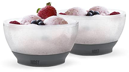 Host Freeze Ice Cream Bowls with Comfort Silicone Grip, Double Walled Insulated Bowl for Cereal, Fruit, Acai, Desserts, Outdoor Party, Kitchen Accessories, 18 oz Set of 2, Grey