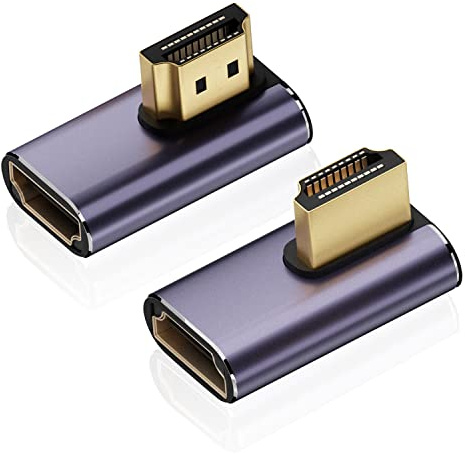 AreMe 8K HDMI 2.1 Right Angle Adapter (2 Pack), Left&Right 90 Degree and 270 Degree HDMI Male to HDMI Female Extender Connector Aluminum Alloy (34 * 24 * 9MM)