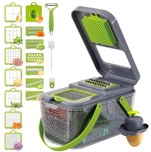 Casgee 22 in 1 Gemüseschneider(22 tlg.), Vegetable Chopper mit 13 Austauschbare Klingen,Multifunktion Gemüseschneider Manuell, Multifunktionsschneider, Gemüsehobel für Hobeln von Obst Gemüse, Zwiebel